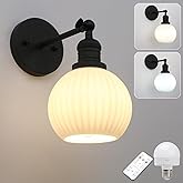 Pathson Rechargeable Wall Sconce Lighting with Remote Control, Battery Operated Milk White Glass Wall Vanity Light, Cordless 