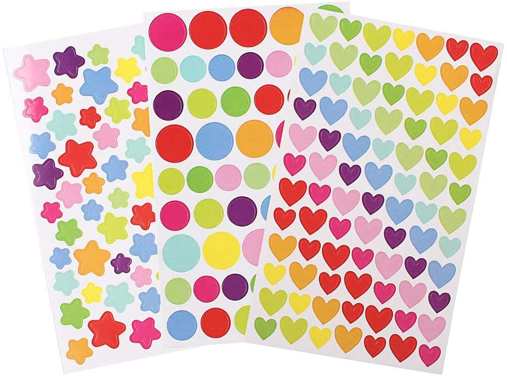 Reward Craft Stickers, 1200 Pieces Reward Stickers For Children include Star Stickers Heart Stickers Dot Stickers for Scrapbooking, Journal Stickers (18 Sheets Colorful)