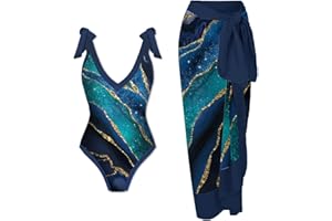 QACKNE 2 Piece Swimsuit for Women with Skirt Lace Up Sexy Bikini Sets High Waisted V Neck Tankini Floral Beach Bathing Suit