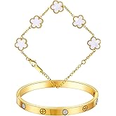 Stackable Gold Clover Bracelets for Women-2Pcs 18K Gold Plated Friendship Love Cubic Zirconia Lucky Five Leaf Link Bracelets Dainty Bangle Stack Jewelry Set Gifts for Christmas Valentines Wedding Couples Birthday