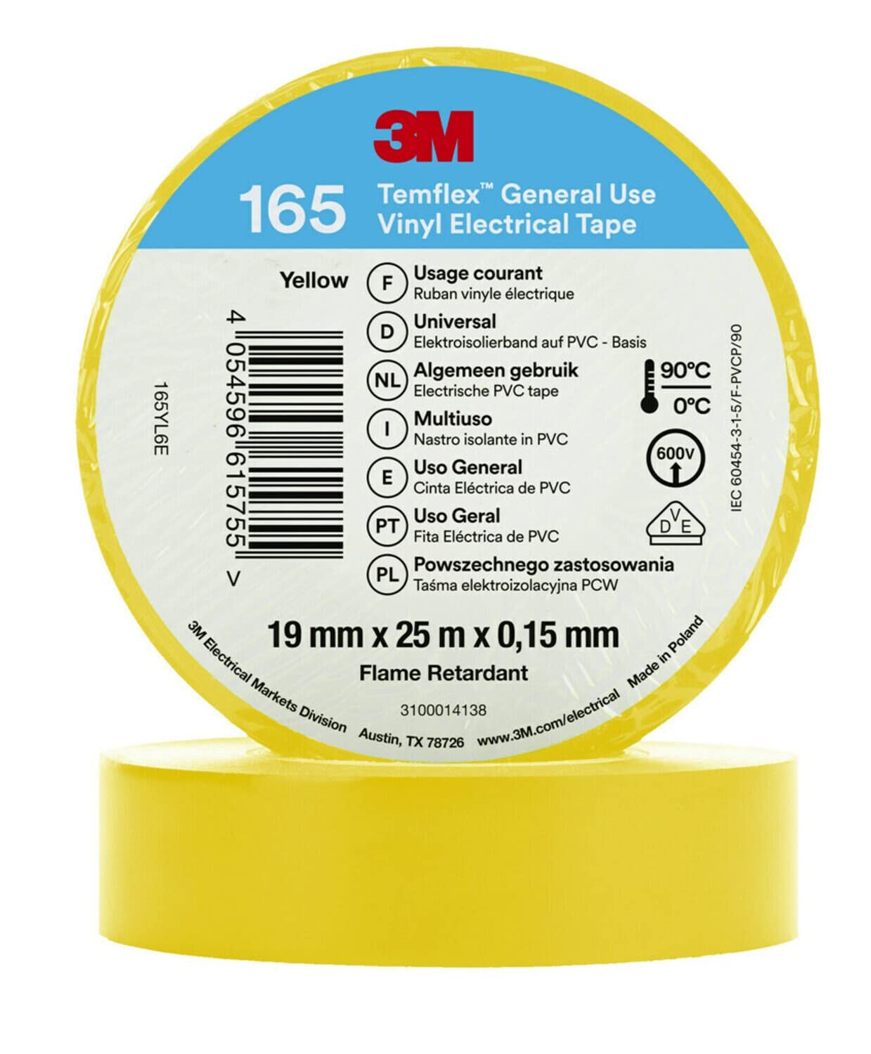 Temflex 3M Vinyl Electrical Tape 165, Yellow, 19 mm x 25 m, 10 Roll Pack