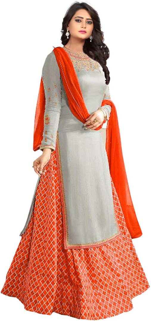 Women's Crept Semi-Stitched Indo-Western Salwar Suit (SSEY-F117_Grey_Free Size)