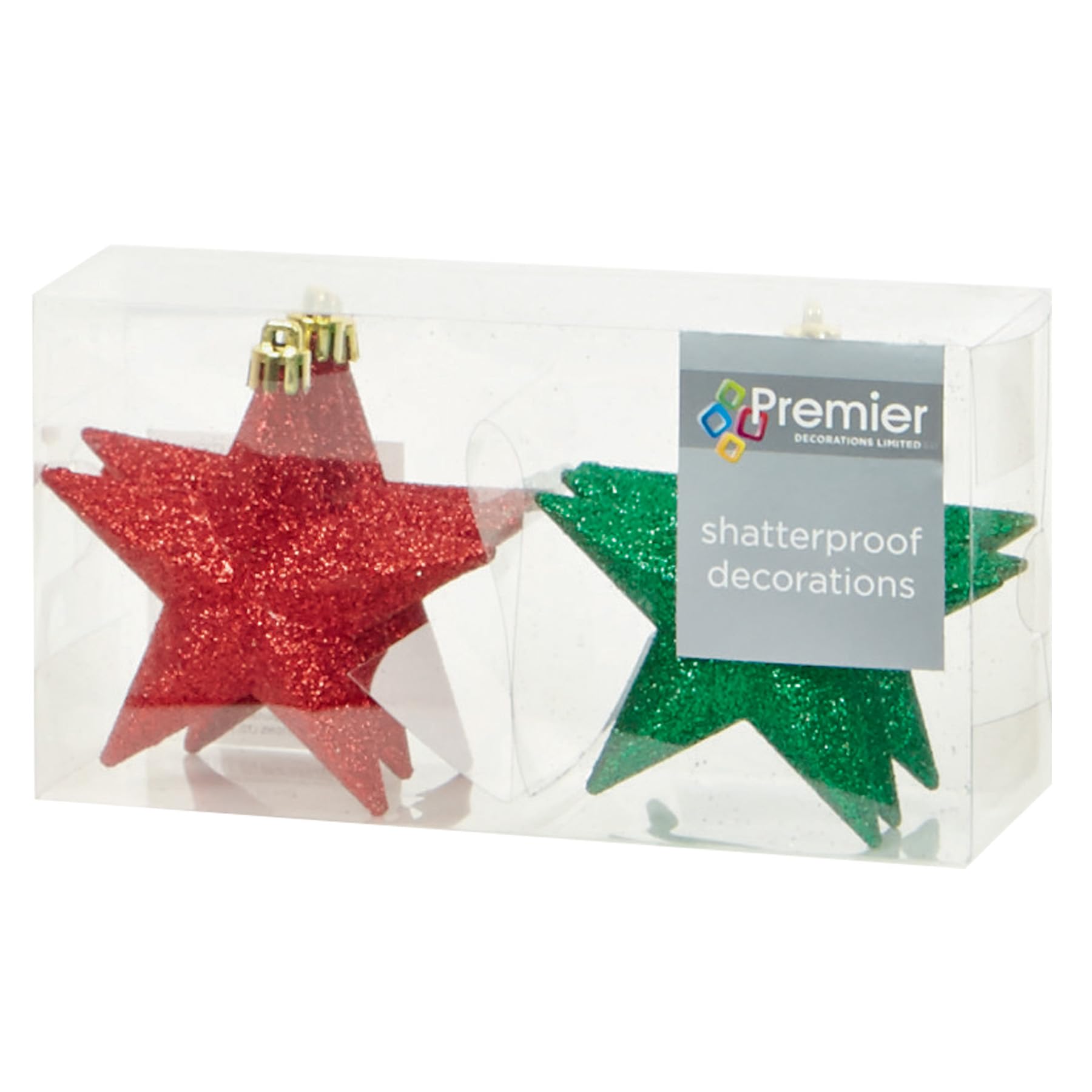 Shatterproof Christmas Stars 6 Pack 100mm Premier Christmas Tree Decoration, glitter Star Baubles (Red and Green 9530)