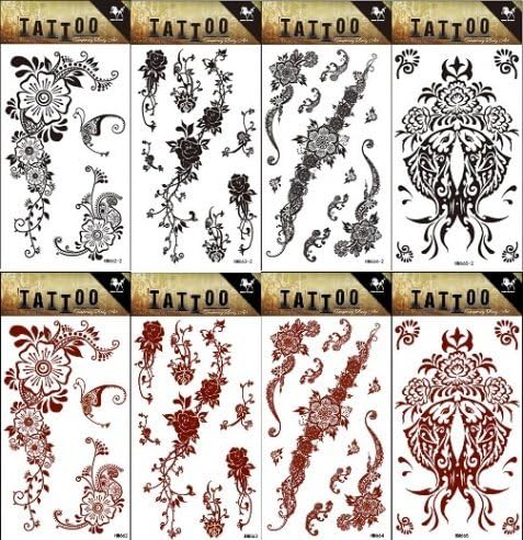 Grashine 8pcs different long last and realistic temporary tattoos in 1package, it including brown and black Indiana Hena tribal flower tattoo stickers