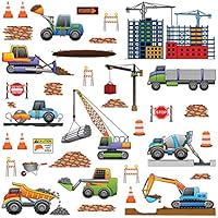 treepenguin Construction Trucks Wall Decals for Kids Rooms - Transportation Vehicles Work Site Wall Stickers for Boys Bedroom Playroom and Nursery