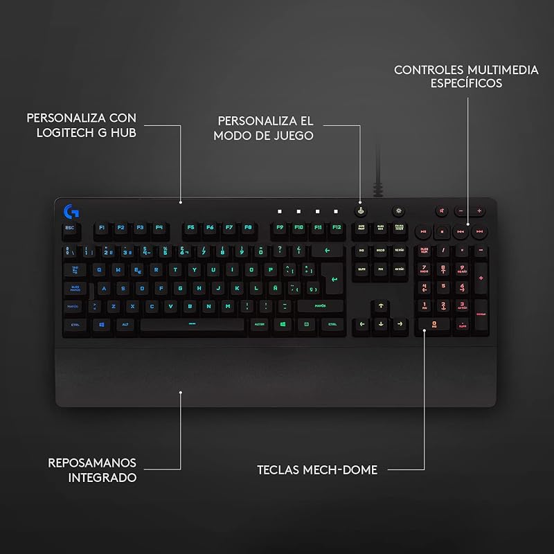 Teclado para jogos logitech g213 prodigy com descanso para pulso, rgb lightsync, teclas retroiluminadas e personalizáveis, resistente a respingos, controles multimídia dedicados, layout es qwerty