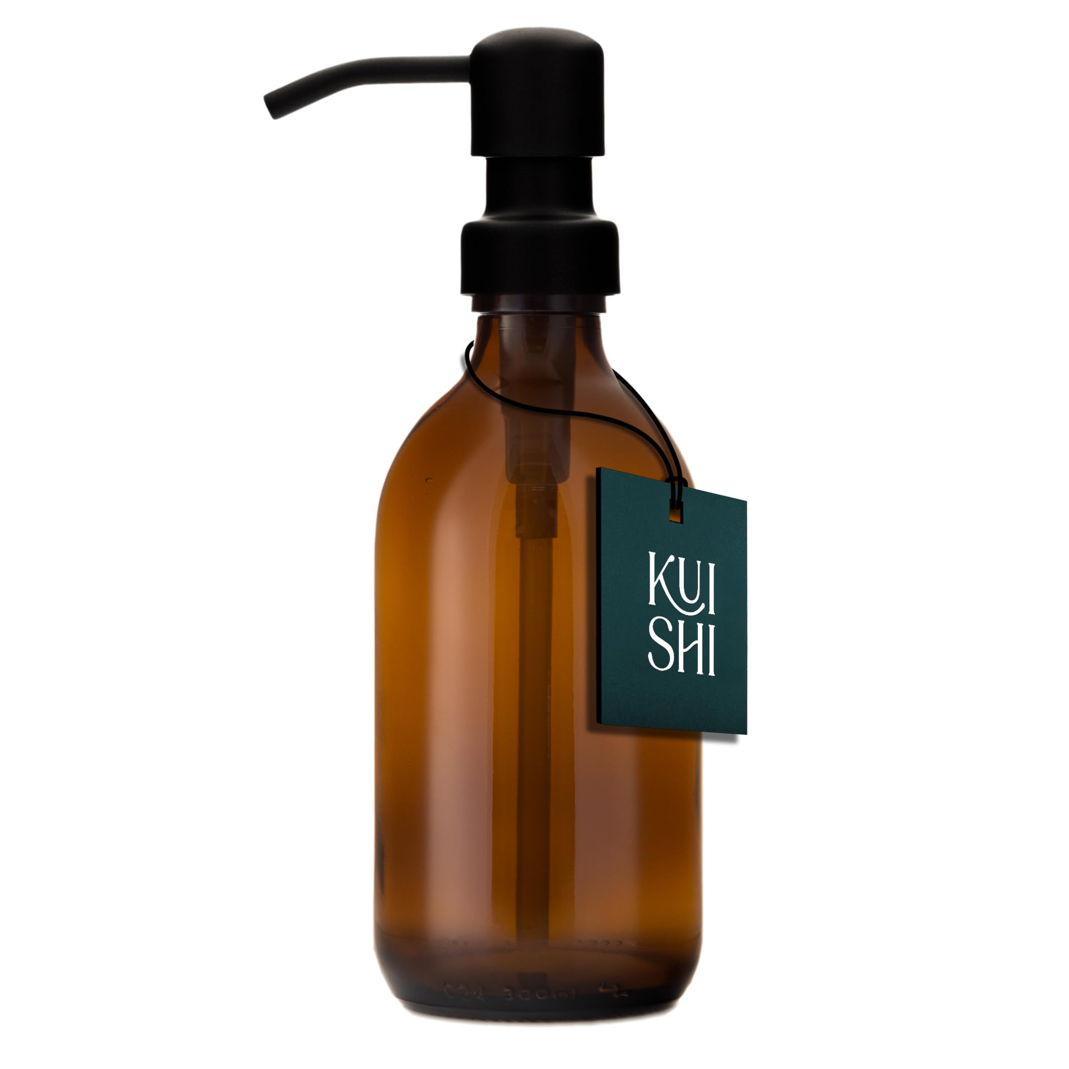 Kuishi Glass Soap Dispenser with Black Stainless Steel Pump - 300ml Refillable BPA-Free Hand Soap Dispenser for Kitchen & Bathroom, Amber