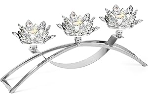 BIGSEE 3 Arms Crystal Lotus Candelabra, Metal Votive Candle Stand for Tea Light Candles, Dinning Table Wedding Centerpiece, Cabinet Ornaments,Gift