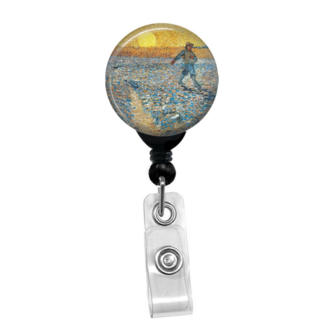 Vincent Van Gogh - The Sower -Retractable Badge Reel - ID Name Tag Custom Badge Holder (Black Badge Reel with Belt Slide Clip)