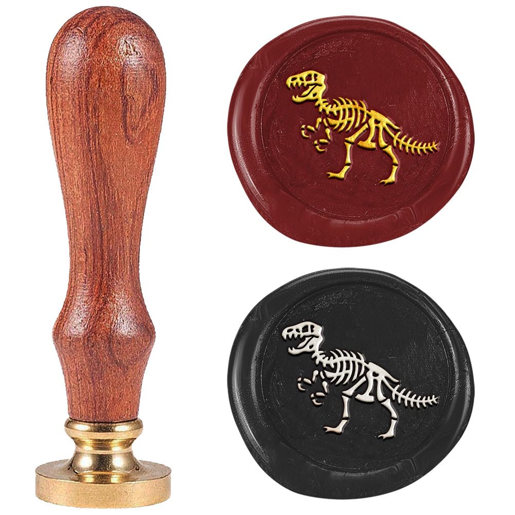 DELORIGIN Wax Seal Stamp Dinosaur Bones Wax Stamps 25mm Removable Brass Sealing Stamp Head With Wooden Handle Retro Wax Sealing Stamp for Gift Wrap Envelopes Halloween Cards Decoration