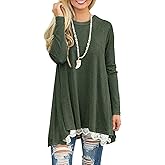 Andaa Women's Crew Neck Long Sleeve Lace Splicing Swing Shirt Dresses Long Tunic Blouses Shirts for Leggings