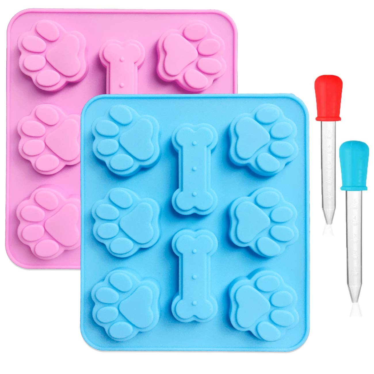 2 Pack Silicone Puppy Paw Print & Dog Bone Shaped Chocolate Molds,with 2 Pieces Graduated Clear Liquid Droppers,8-Cavity, Reusable Ice Trays Baking Cookies Candy Moulds