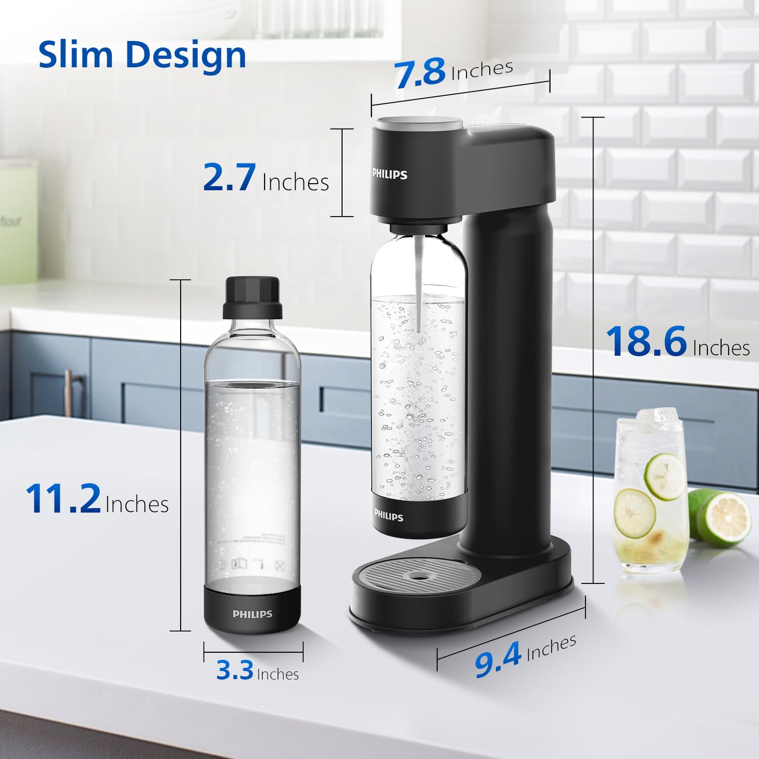 PHILIPS Sparkling Water Maker Soda Maker Soda Streaming Machine Quick Twist for Easy Install, 1L Carbonating Bottle, Soda Water Maker, Compatible with 60L CO2 Carbonator(NOT Included), ADD4901BKOQ/37