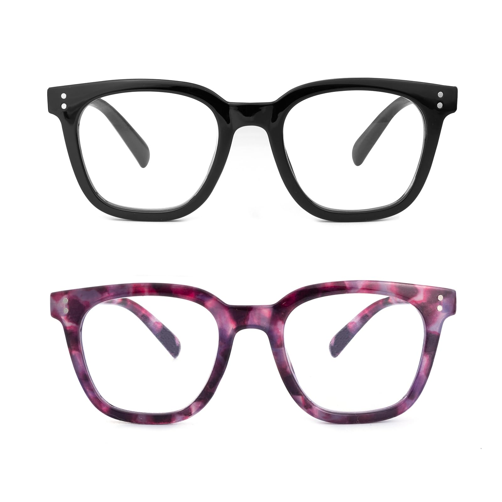 SKYWAY 2 Pack Reading Glasses for Women, Fashion Oversized Blue Light Blocking Computer Readers with Spring Hinge Anti Eyestrain UV Protection Black/Purple Tortoiseshell 2.0+