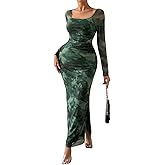 LIGHT DOT Women's Printed Off Shoulder Maxi Dress Long Sleeve Bodycon Ruched Mesh Cocktail Dress