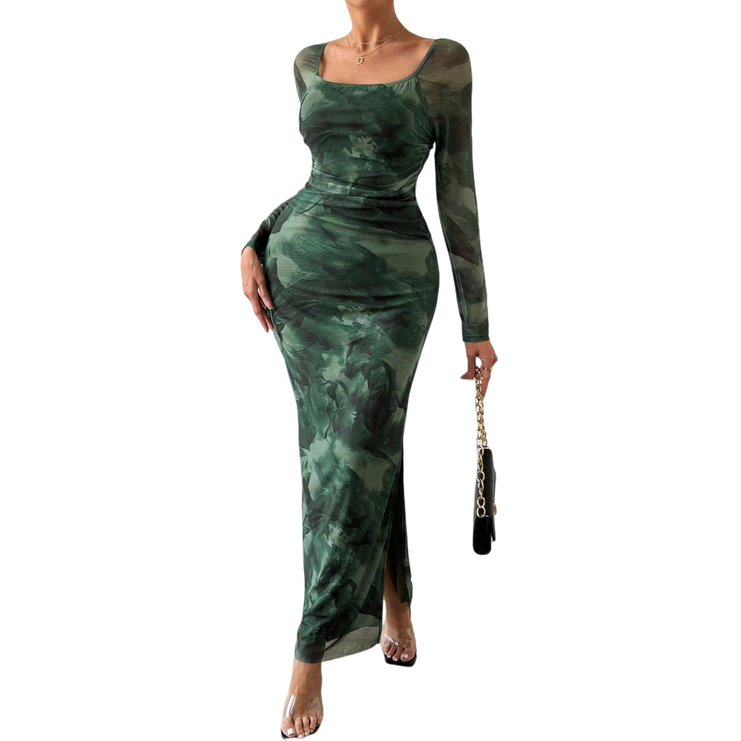 Photo 1 of LIGHT DOT Women's Printed Off Shoulder Dress Long Sleeve Bodycon Maxi Mesh Layered Side Slit (Floral Green,S)