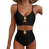 Herseas Womens 2 Piece Bikini Sets High Waisted Metal Ring Textured Swimsuit 2026 Summer Bathing Suits Beach Swimwear