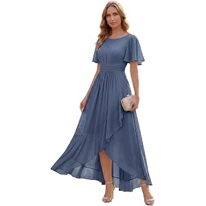 Ever-Pretty Women's Short Sleeves Summer Semi Formal Wedding Guest Dresses Spring Chiffon High-Low Bridesmaid Dress 02708