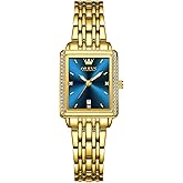 OLEVS Women's Gold Stainless Steel Watch, Small Square Face Diamond Decorated Ladies Watch, Luxury Analog Quartz Women Dress Watch, Fashion Calendar Date Waterproof Wrist Watch for Women