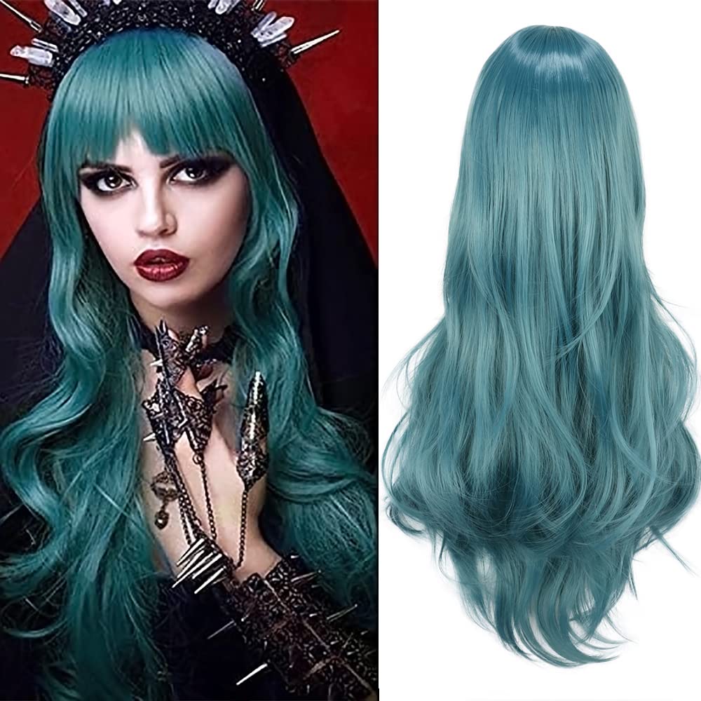 ColorfulPanda Charming Long Wavy Full Hair Wigs with Bangs Mixed Blue Synthetic Wigs for Women Costume Anime Cospla Party Fancy Dress(Blue Grey)