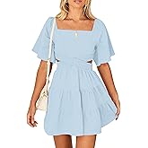 Wimsihal Women's Summer Dresses Square Neck Casual Short Sleeves Elastic Waist Party Mini Dress