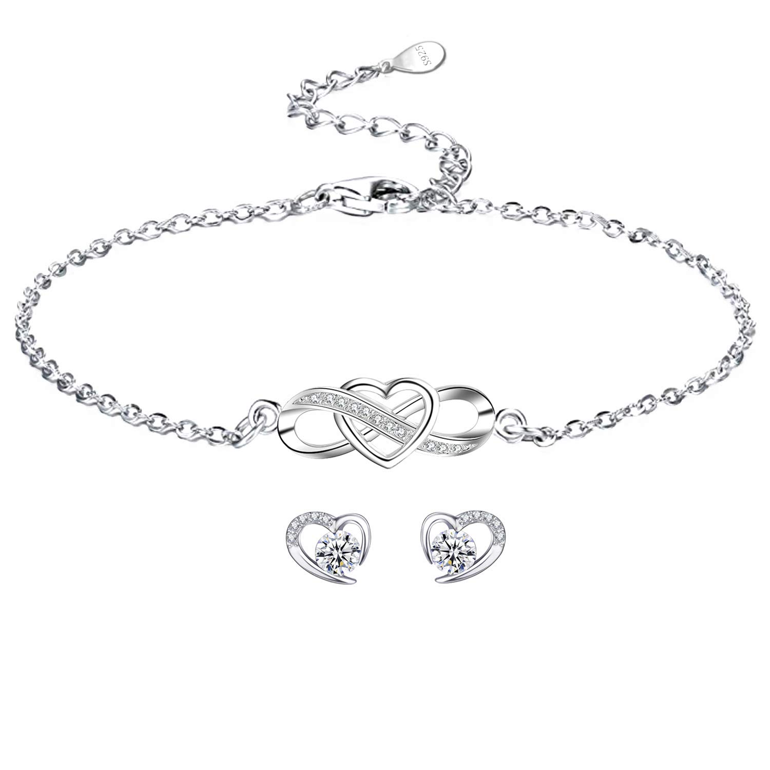 LYL.Adorer Jewellery Set for Women, Infinity Heart Bracelet Earrings with Sparkling Cubic Zirconia,925 Sterling Silver,Gift For Women Girls