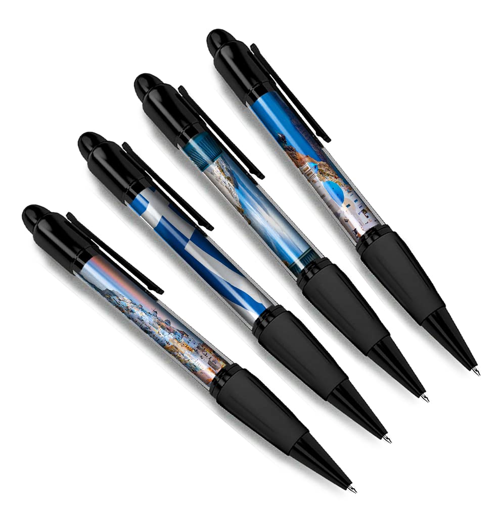 DV DESIGN Set of 4 Greece Black Ballpoint Pens - Santorini Travel Holiday Greek Flag Ocean Europe Friends Boys Girls Men Women Theme Pen #79354