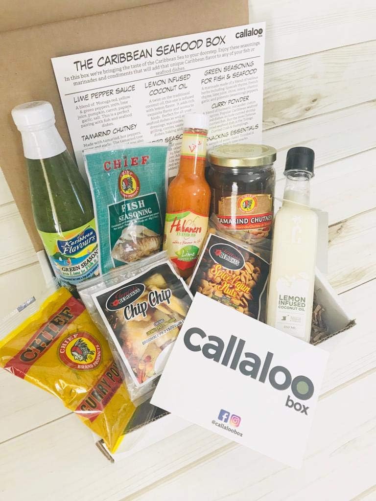 The Caribbean Seafood Box: Habanero Trinidad Lime Pepper Sauce, Lemon Infused Coconut Oil, Green Seasoning, Tamarind Chutney, Curry Powder, Dried Seasonings & Snacks