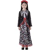 Wildarms Girls Day Of The Dead Costume Long Sleeve Undead Spirit Mexican Dress - Halloween Cosplay Party Outfit