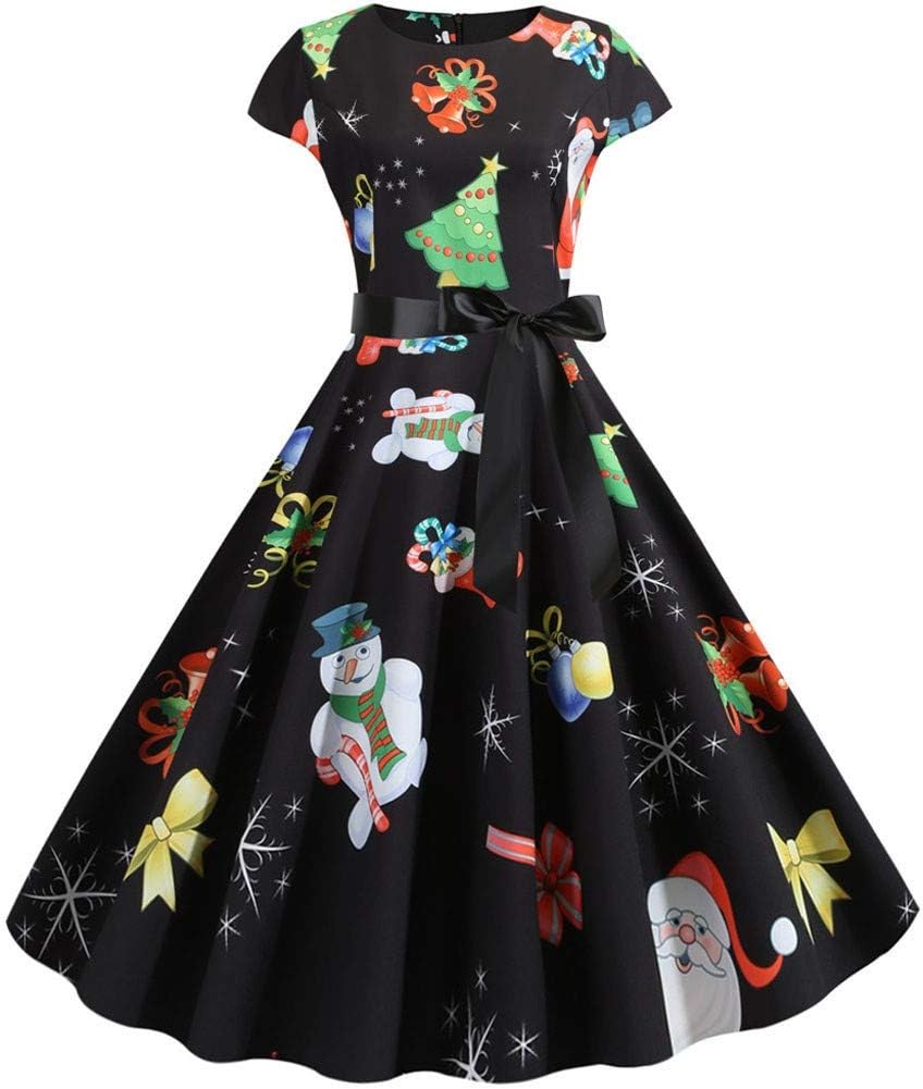 Women's Vintage Dress, Christmas Print Pleated Short Sleeve 1950s Housewife Evening Party Prom Dress