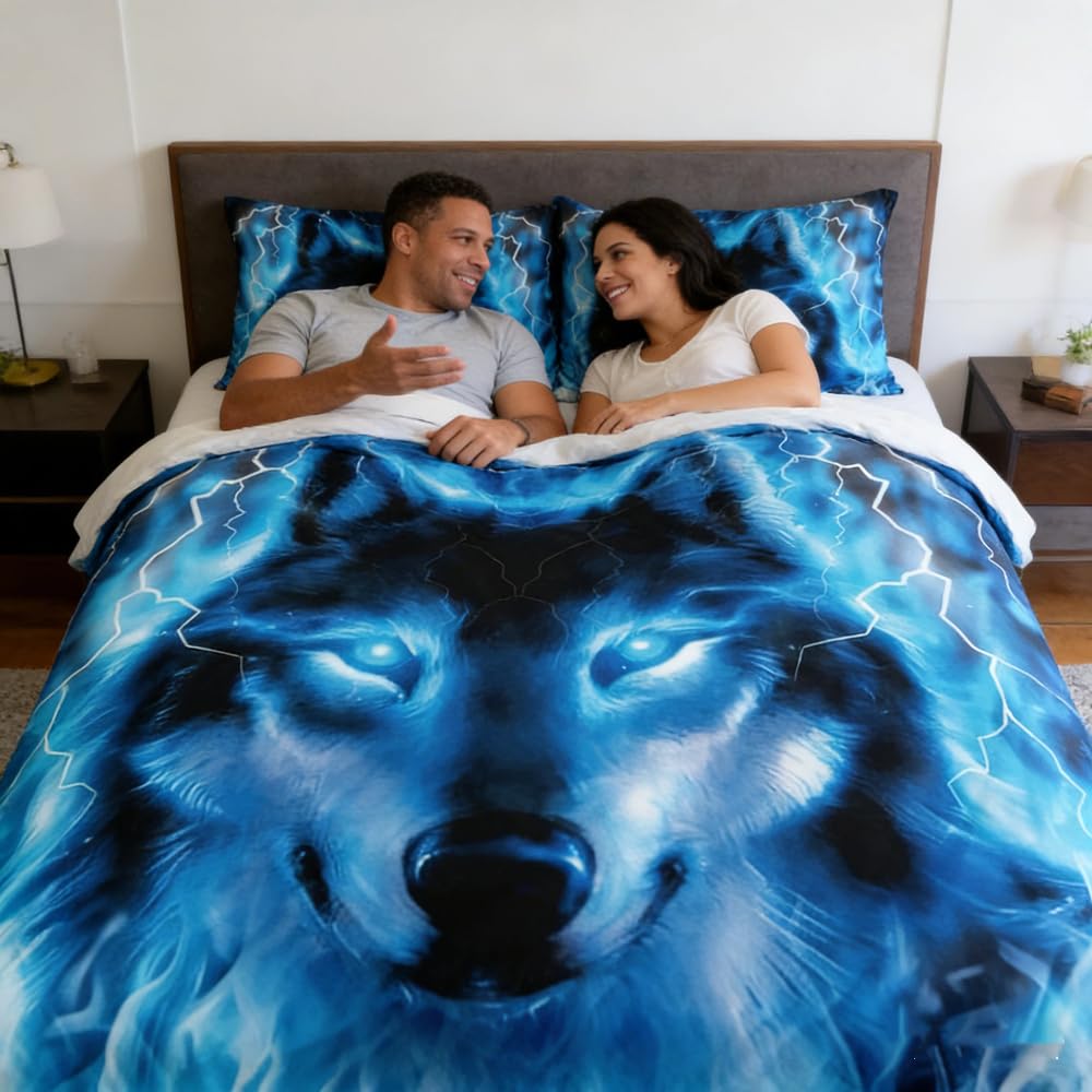 Homemissing Wolf Bedding Child Safari Animal Duvet Cover Set Cool Wildlife Wildlife Beds Set Glitter Blue Wild Wolf Light Bedclothes Boys Girls Soft Microfiber King Size — image 1