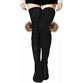 Shyyween Women's Thigh High Socks Cable Knitted Over the Knee Boot Socks with Pom Pom Winter Extra Long Stockings Leg Warmers