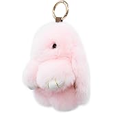 surell - Genuine Rex Rabbit Fur Pom Bunny Rabbit Keychain - Cute fluffy Bag Purse Charm key fob - Animal Lovers Pocketbook Accessory (Pink)