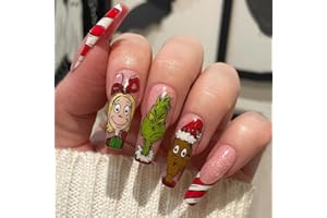 TEZOCR Christmas Coffin Nails Winter Press on Nails Long Coffin Fake Nails with French Tips Design Christmas Acrylic Nails Supply Long Winter Xmas Full Cover False Nails Stick on Nails for Women Girls 24pcs