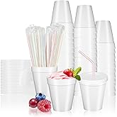 RIKICACA 8 Oz Styrofoam Cups with Lids and Drinking Straws, Disposable White Foam Cups for Hot Cold Drink Beverage, To Go Drinking Container for Coffee, Tea, Juice - 50Sets/150pcs