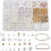 BEAMARKER 1443Pcs Assorted Pearl Beads Bracelet Making Kit Flower Bow Butterfly Star Heart Round Alphabet Gold Spacer Bead Acrylic Alloy Enamel Clay Charms Pendants for DIY Jewelry Bracelet Necklace