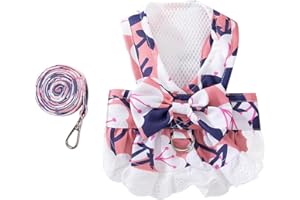 Anelekor Pink Floral Dog Harness Dress with Leash Set, Medium, Daisy Pattern, Bow Knot, Breathable Mesh, Adjustable, Machine Washable