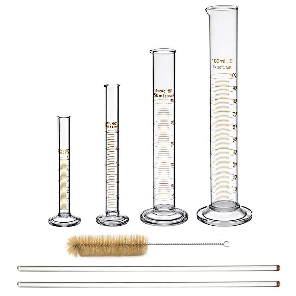 Glass Graduated Cylinder Set Thick Measuring Cylinders 5ml 10 Ml 50ml 100ml With 2 Glass Stirring Rod And 1 Brush Amazon Com Industrial Scientific