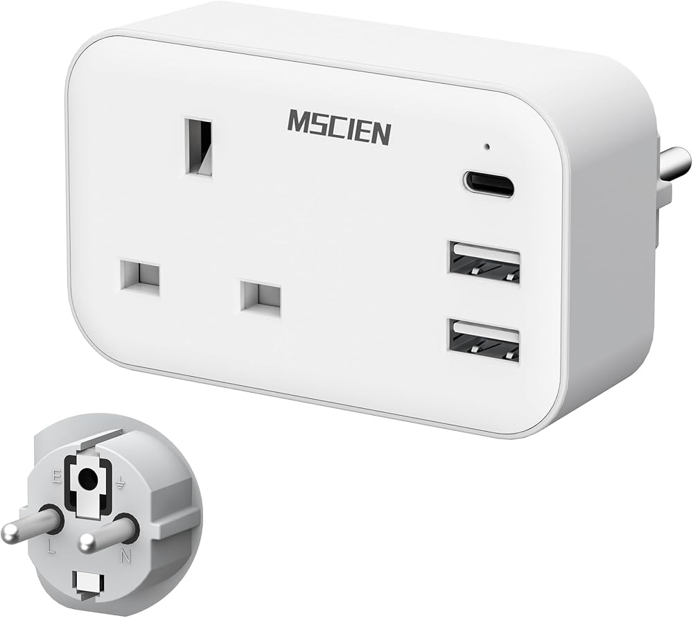 Mscien UK to EU Travel Plug Adapter USB C 2 USB A Ports Germany France Spain