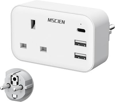 Mscien UK to EU Travel Plug Adapter USB C 2 USB A Ports Germany France Spain