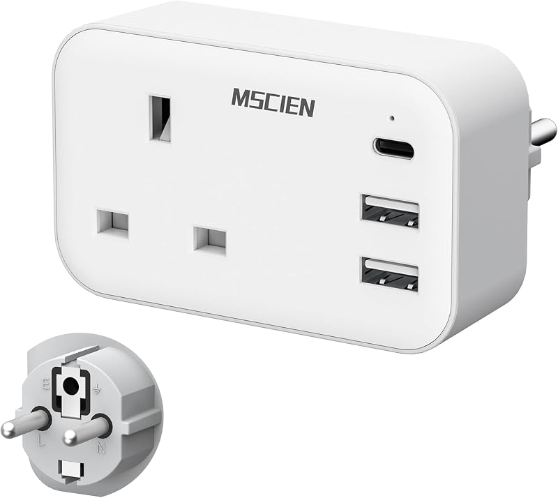Mscien UK to EU Travel Plug Adapter USB C 2 USB A Ports Germany France Spain