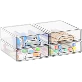 Yieach 2.2'' High Small Clear Stackable Storage Drawers,4 Pack Desk Organization and Storage Bins,Plastic Office Supply Organizer,Acrylic Drawer Storage Organizer for Makeup,Accessory,Pen,Art Crafts