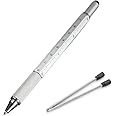 Multifunction Tool Pen, 6 in 1 Tool with Ballpoint Pen, Touch Screen Stylus, Ruler, Spirit Level, Flat-head and Phillips Screwdriver, All-in-One Tech-Tool Pen with Ink Refills (Silver + 2×Refills)