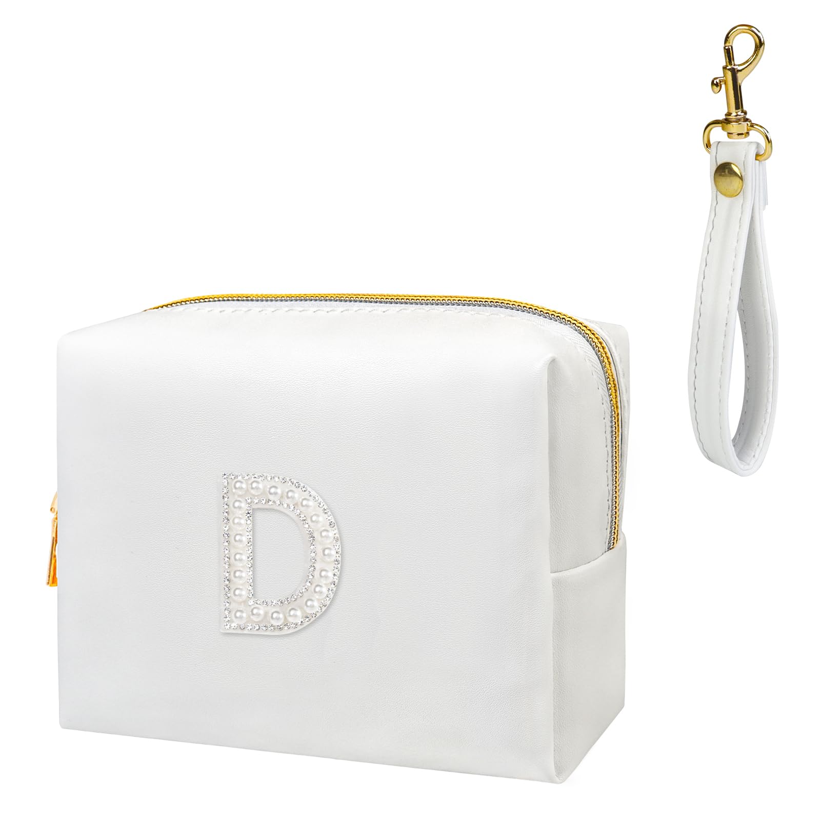Fmeida Initial Patch Makeup Bag - Small Makeup Pouch for Purse with Detachable Handle, Personalized Preppy Cosmetic Bag, Monogram Gifts for Bridesmaids, Birthday, Wedding, Pearl Letter D
