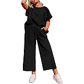 Eytino Womens Plus Size Sweatsuits Casual Short Sleeve Tops High Waist Wide Leg Pants 2 Piece Tracksuit Lounge Sets(1X-5X)