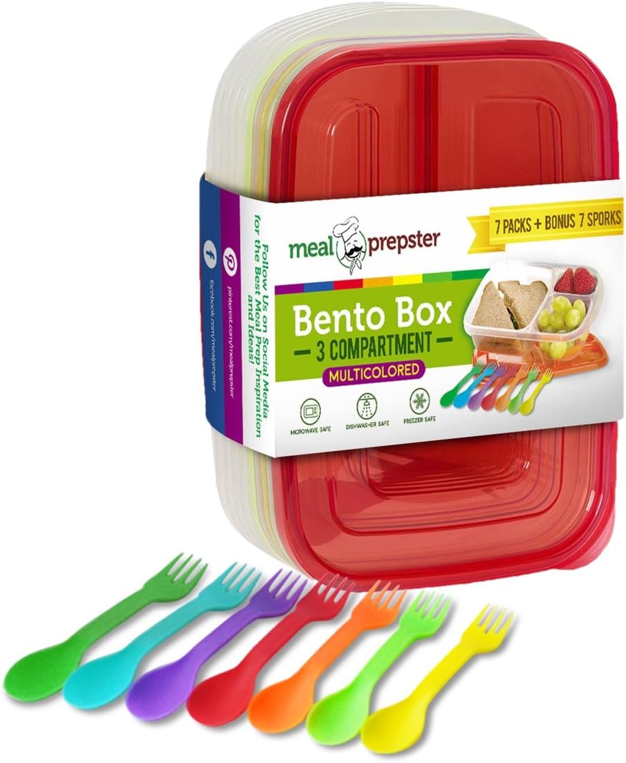 3 Compartment Meal Prep Containers - Premium BPA Free, Cute Reusable Lunch Box Portion Control - Microwave Freezer Safe w/ (Easy to Remove) Colored Lids + 7 Bonus Sporks | Plastic Divided Food Storage