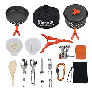 Bisgear 17Pcs Camping Cookware Stove Carabiner Canister Stand Tripod Folding Spork Set Outdoor Camping Hiking Backpacking Non-Stick Cooking Picnic Knife Spoon