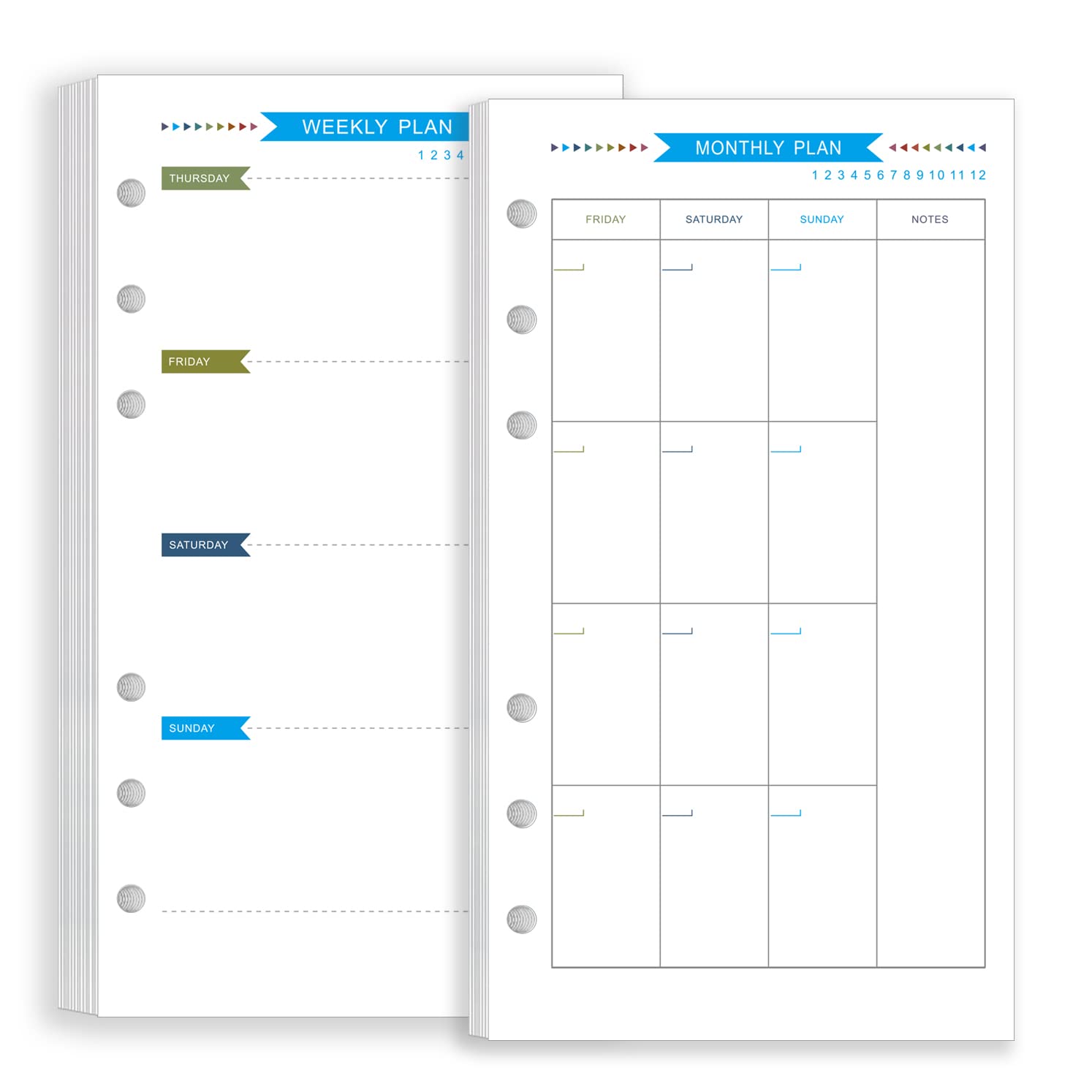 Zelten Colorful Loose Leaf Punched Paper Refills Paper for 6 Hole Binder Personal Organizer Diary Notebook Refillable Planner (Weekly Monthly Planner, A6)