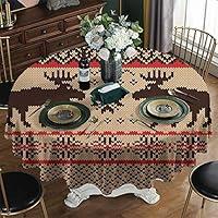 KFUTMD Printed Round Tablecloth Christmas Cabin Decor Knitted Swatch with Deers and Snowflakes Classic Country Plaid Digital Print Brown Tan Red Burlap Table Cloth Diameter 54"