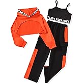 FUNNIDEA Girls 3 Piece Outfits Color Block Sweatsuit Workout Hoodie Litter Graphic Crop Tank and Pants Set